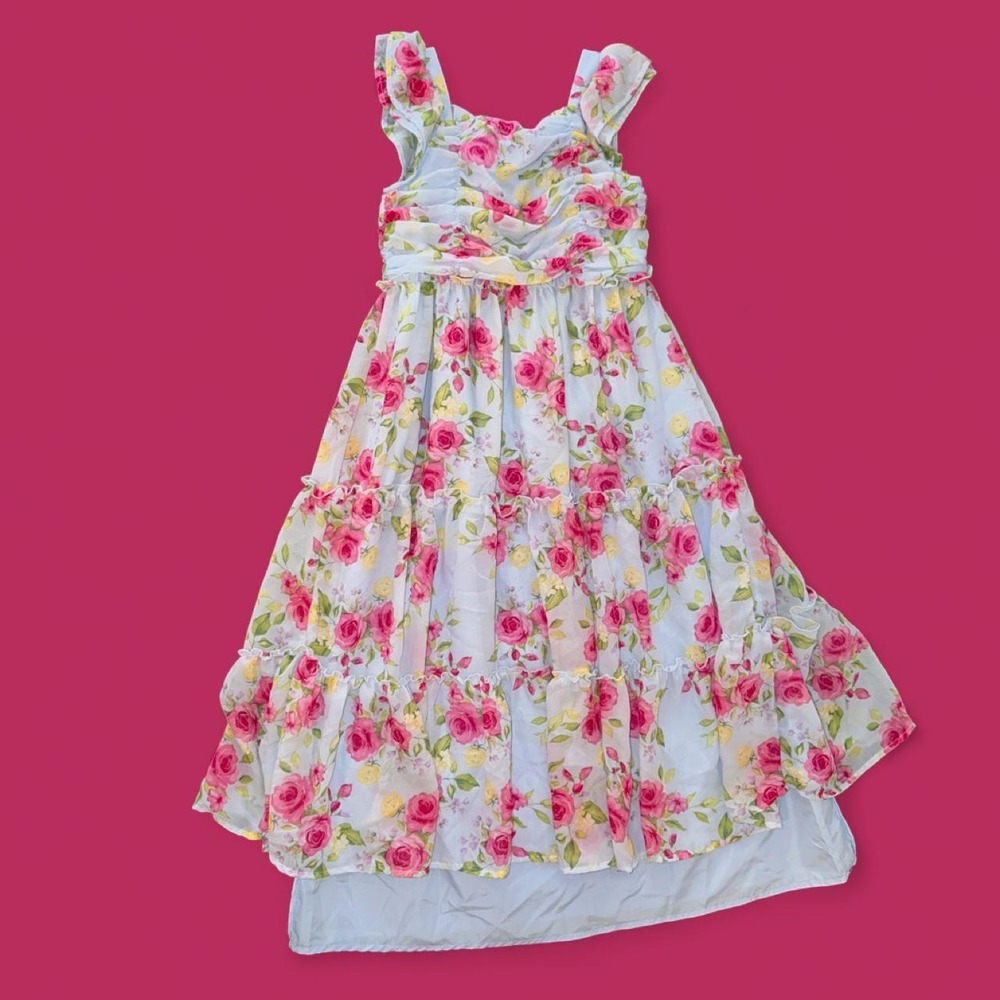 Girls Blue Pink Floral Rose Tiered Maxi Dress Size 8 Cottagecore